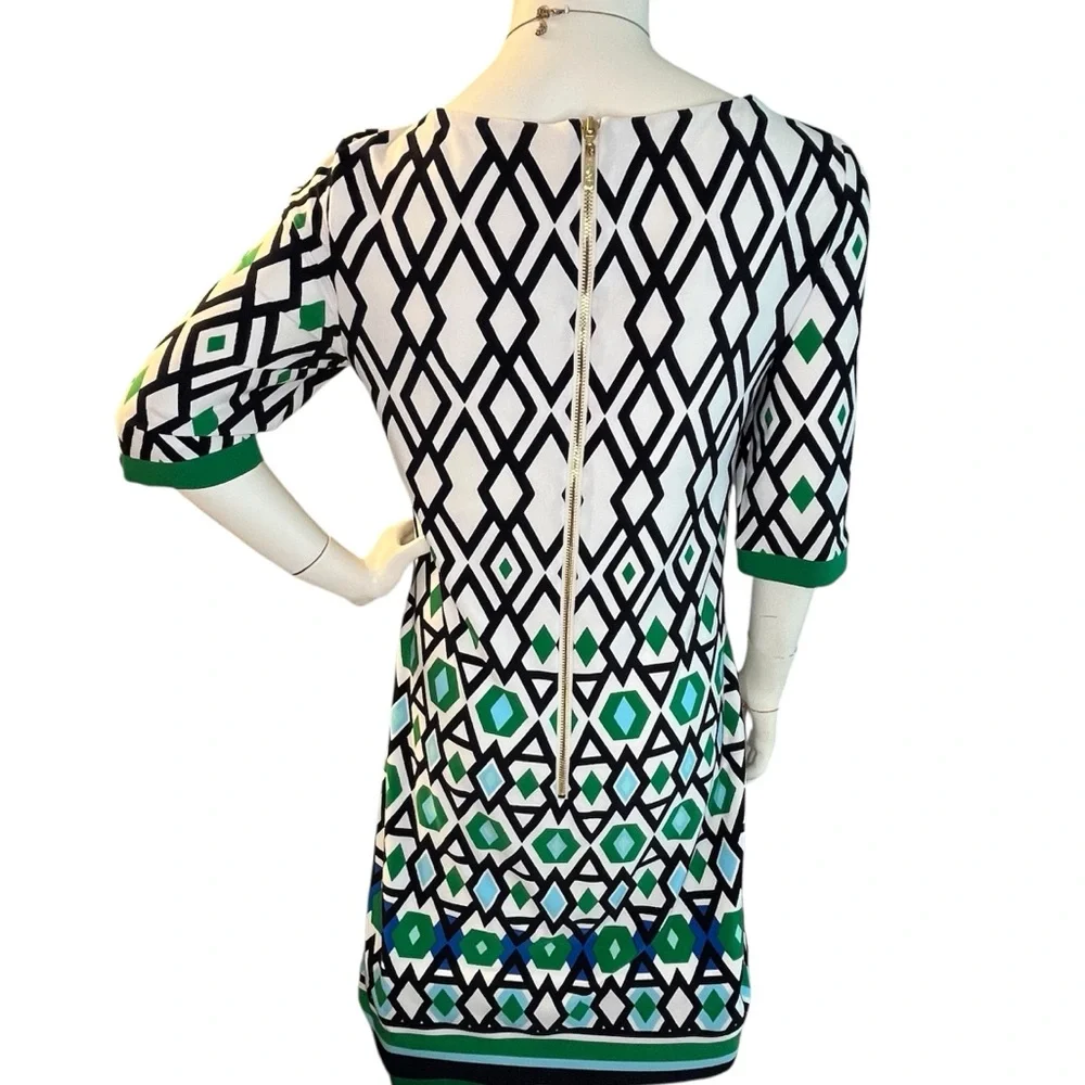Eliza J Black White Green Boxy Geometrical 3/4 Sleeve Jersey Knit ShiftDress Mod - Picture 3 of 11